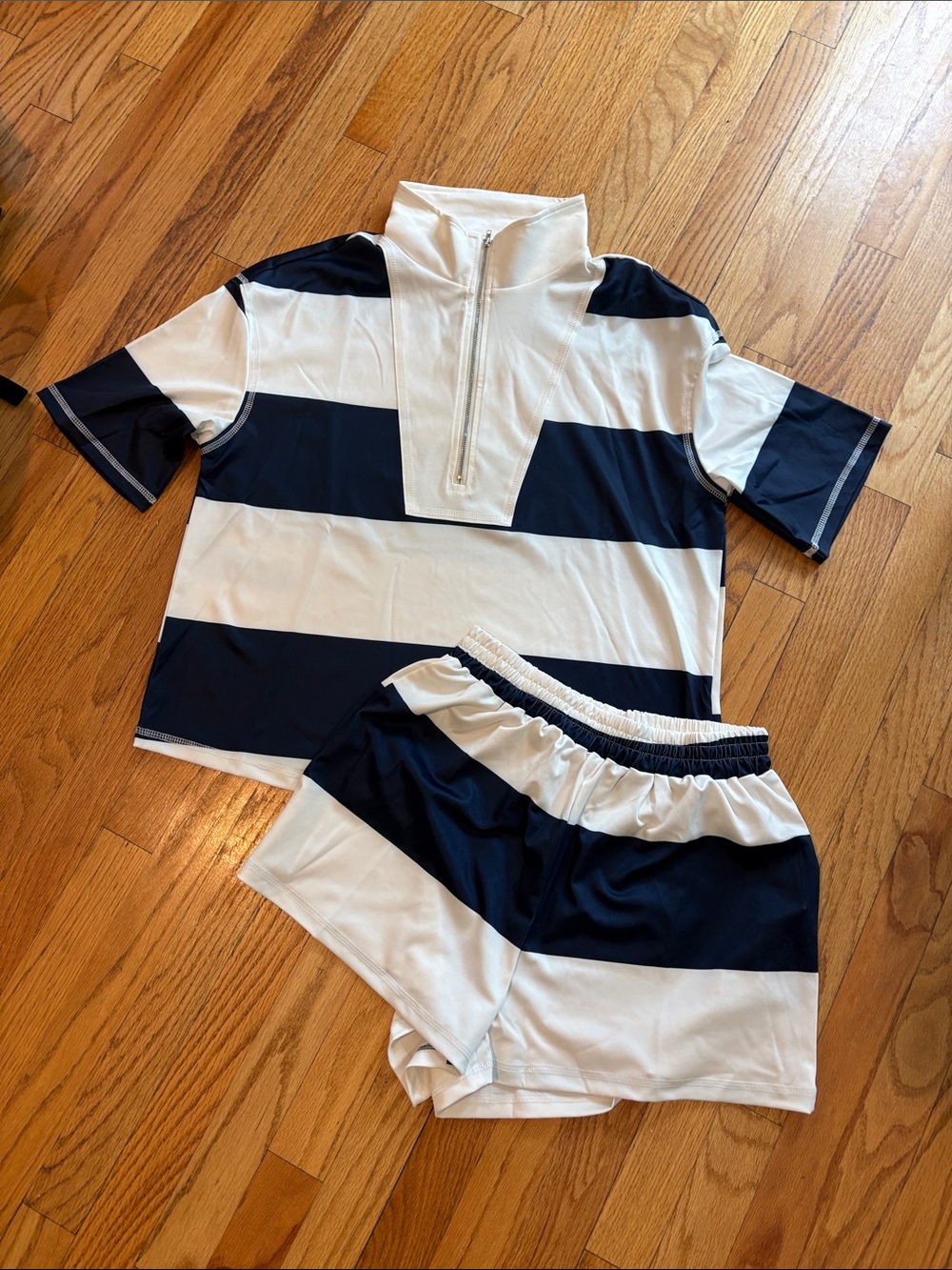 Amazon Essentials Navy and White Striped Half-Zip Set nwot
